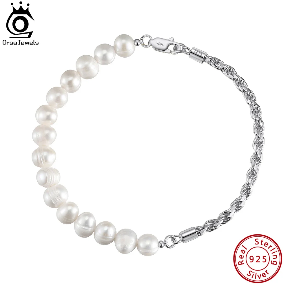 ORSA JEWELS 7mm Freshwater Pearls Beaded Bracelet with 3mm Rope Chain 925 Sterling Silver 18K Gold Pearls Chain Bracelet NMB04