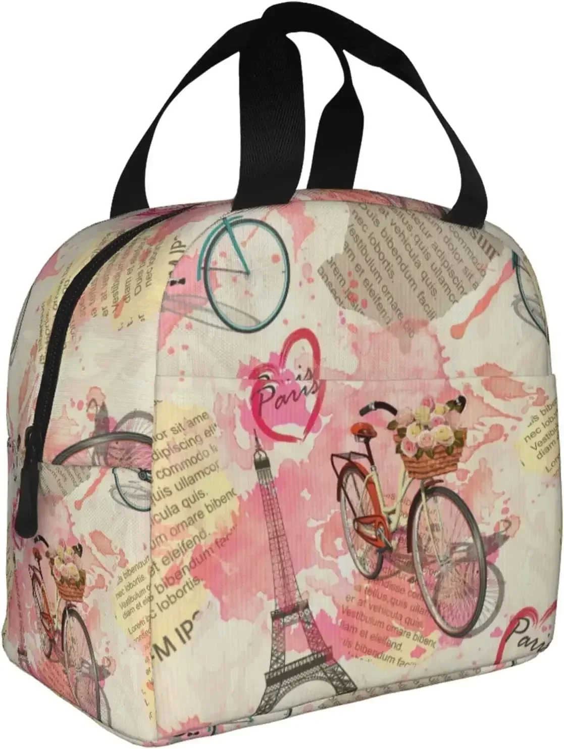 Mother's Day Paris Eiffel Tower Insulated Lunch Bags Newspaper Lunch Box Bags Bicycle With Flowers Washable Lunch Container Box