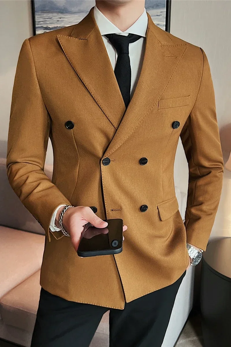 2024 Men\'s Formal blazer jacket Lapel Flat Slim Fit Casual Gentleman khaki Men Fashion Double Breasted Wedding Men Blazer Jacket