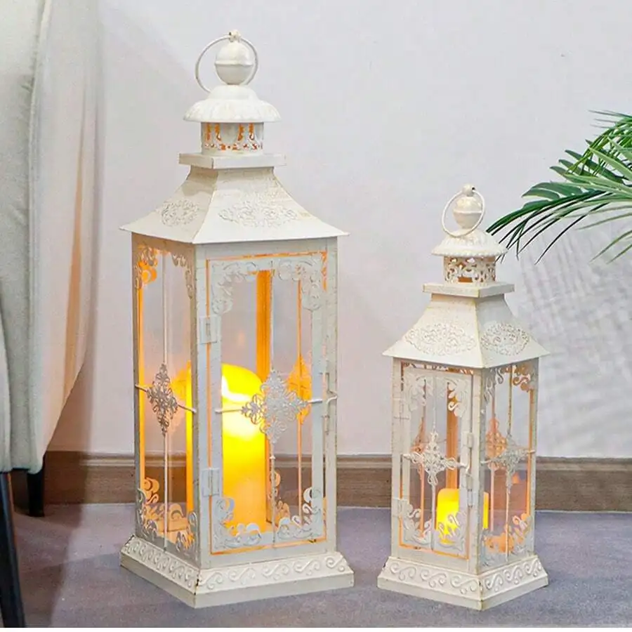Set Of 2 Decorative Lanterns 21.5'' & 16' H Vintage Hanging Tower Lantern Metal Candle Holder With Tempered Glass For Indoor Out