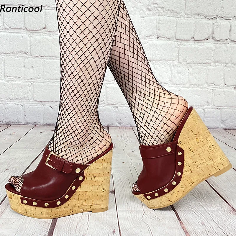 

Ronticool New Stylish Women Mules Sandals Studs Wedges Heels Peep Toe Gorgeous Burgundy Party Shoes US Size 5-20