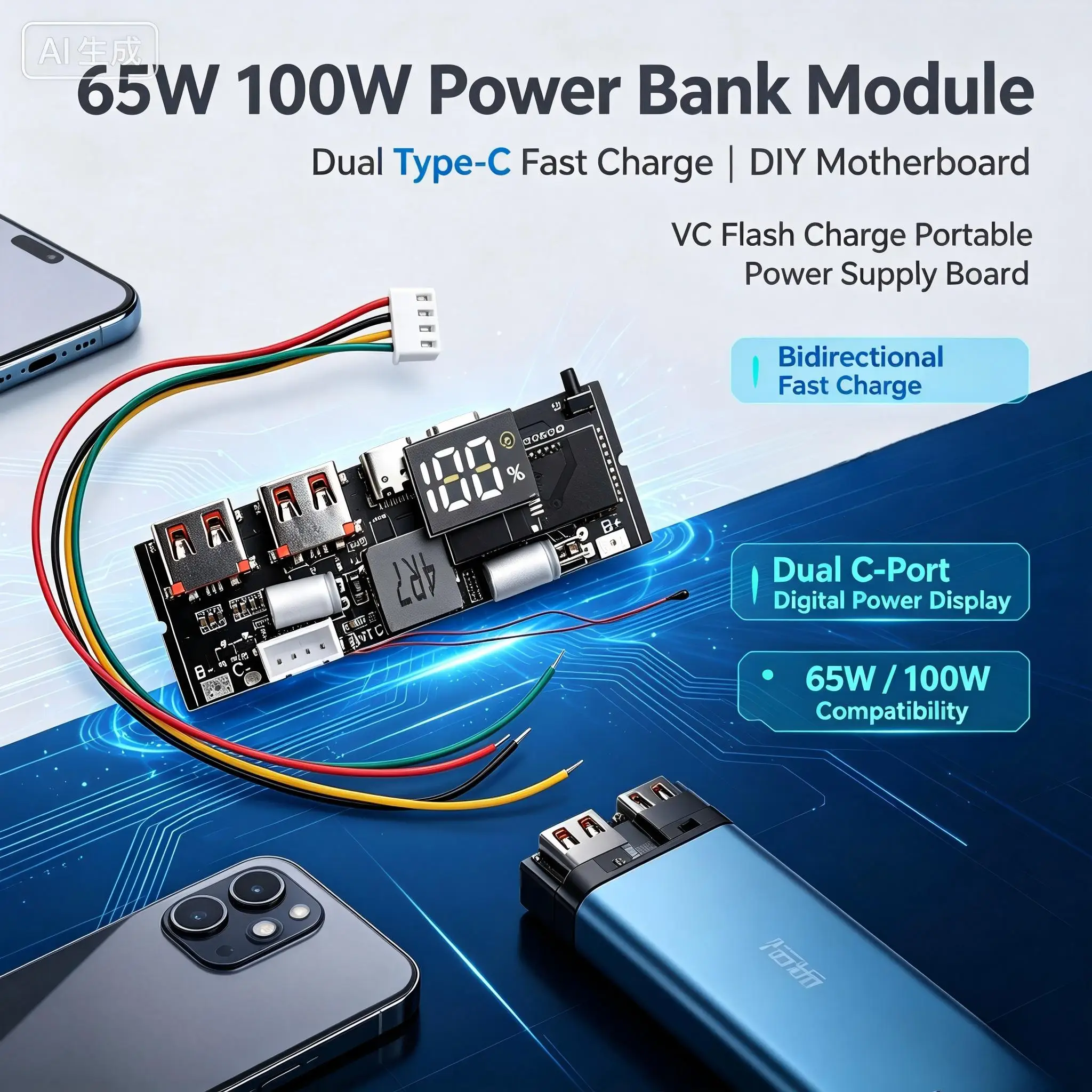 65W 100W Charging Treasure Module Dual C Port Super Fast Charging Mobile Power Module Circuit Board DIY Motherboard 3S 4S 5S