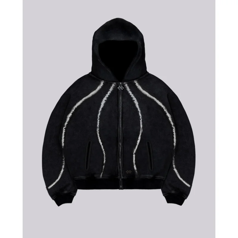 الثقيلة الربط مخطط قلنسوة بسحاب الشارع Harajuku الهيب هوب الرجعية الرجال والنساء الخريف والشتاء سميكة Y2k هوديي