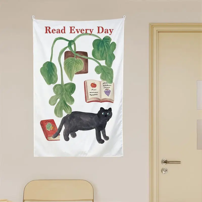 VIKAMA Dark Academia Tapestry Wall Hanging Black Cat Books Plant Quote Wall Art Decor for Bedroom Library Dorm