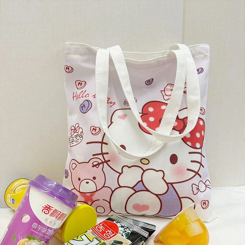 Bolsa de lona Kawaii Sanrio Hello Kitty Cinnamoroll, bolso de dibujos animados de Anime para estudiantes, bolsa de almacenamiento de libros al aire libre con cremallera, regalos para niñas