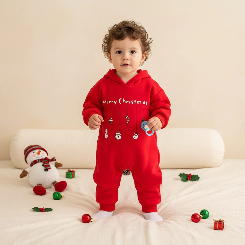 

Children's Autumn and Winter Snowman Printed Christmas Jumpsuit for Boys and Girls, Fleece Warm Hooded Outdoor Climbing Clothes