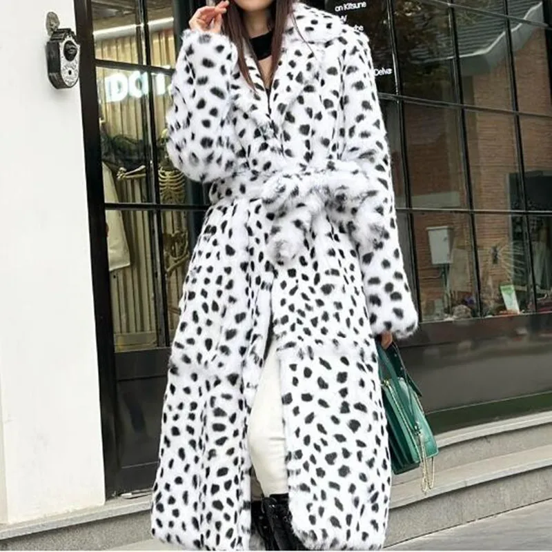 

Europe and the United States autumn winter leopard imitation fur coat women's new white lace-up and long imitation fox fur coat