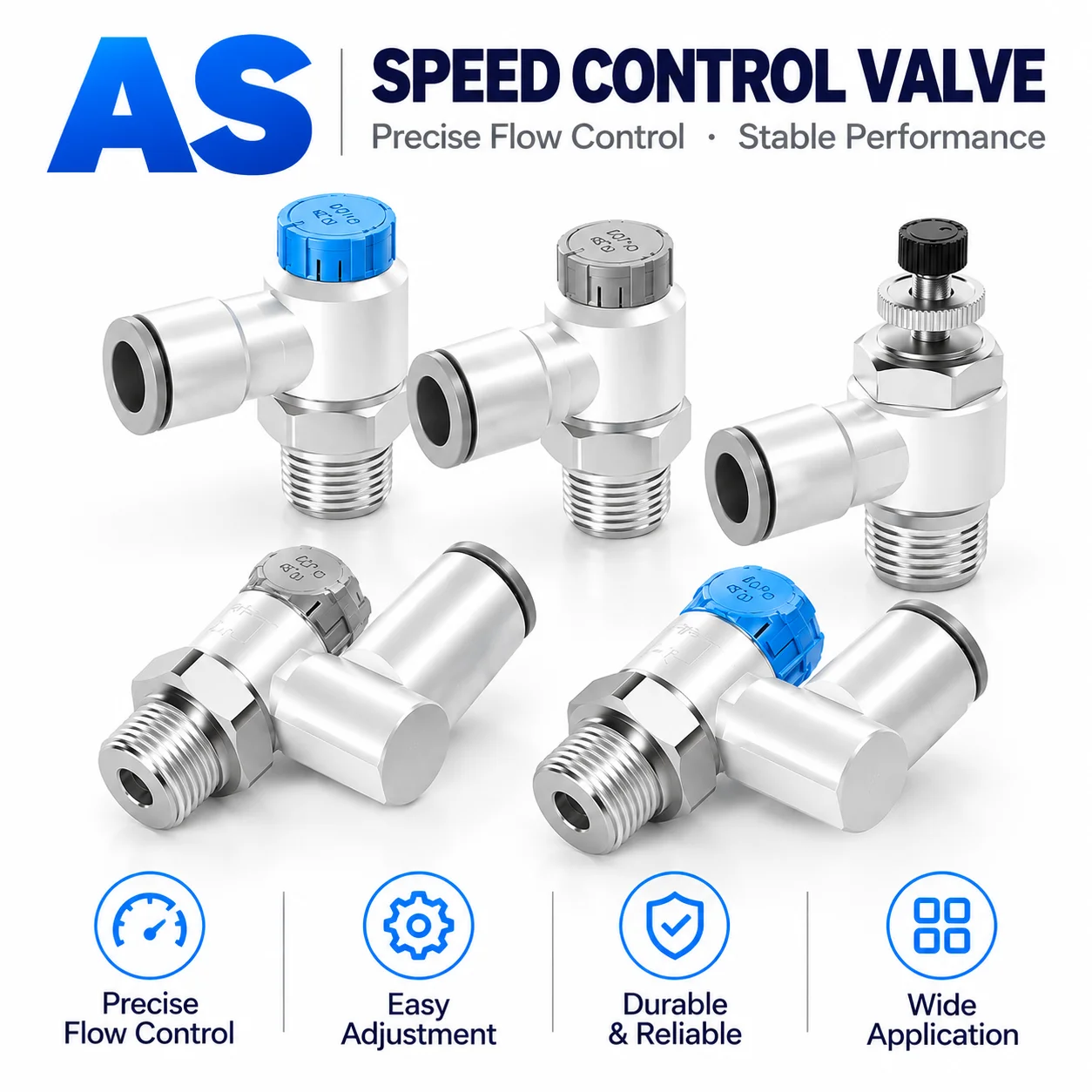 2Pcs Cylinder Adjustable Speed Valve Exhaust Throttle Valve AS1201F AS2201F Series Pneumatic Tracheal Quick Connector