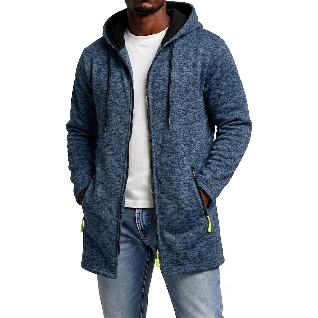 Neuer Herren-Hoodie mit Reißverschluss, lässiger mittellanger Sweatshirt-Fleece-Mantel, warmer Winter-Kapuzenmantel mit Reißverschlusstaschen. – Detail 8