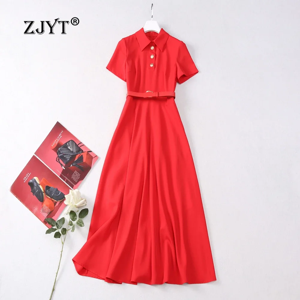 

Runway Fashion Summer Elegant Dresses for Women 2024 Turn Down Collar Button Belt Midi Party Dress Red Vestidos Femininos