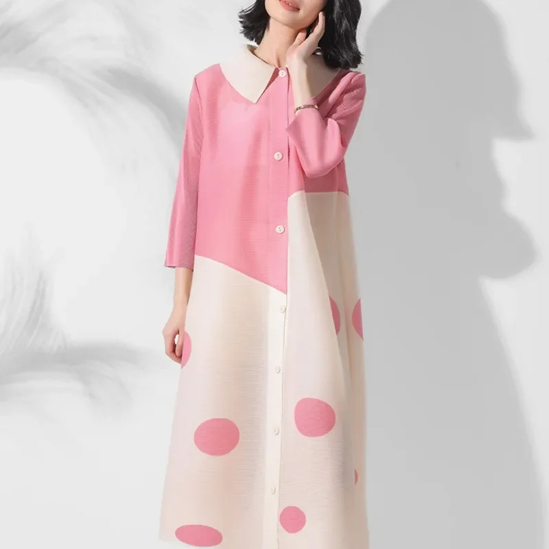 Collar Polka Dot Pleated Dress Jacket 2024 New Autumn Plus Size Contrasting Color Fashionable Anti-aging Long Cardigan