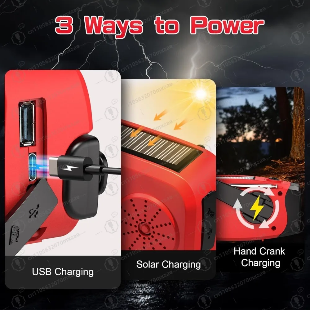 راديو طوارئ للبقاء على قيد الحياة مع شحن بالطاقة الشمسية وكرنك، وبنك طاقة 2000 مللي أمبير في الساعة وإنذار SOS للمغامرات الخارجية