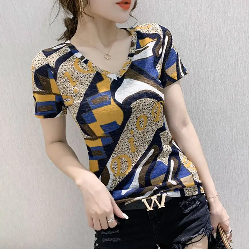 

Summer New Round Neck Fashion Short Sleeve T-shirt Women High Street Casual Slim Elegant Pullovers Printing Y2K All-match Tops