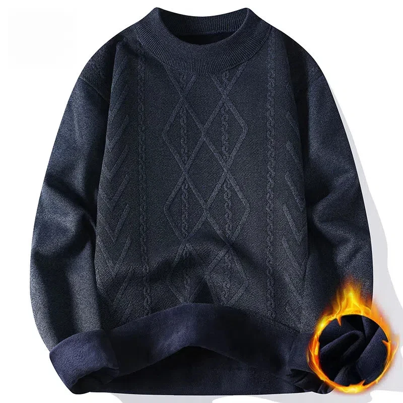 Sweater Knitted Screw Thread Men's Clothing Autumn Winter Solid Color Flocking Pullover Lantern Long Sleeve Casual Fashion Tops