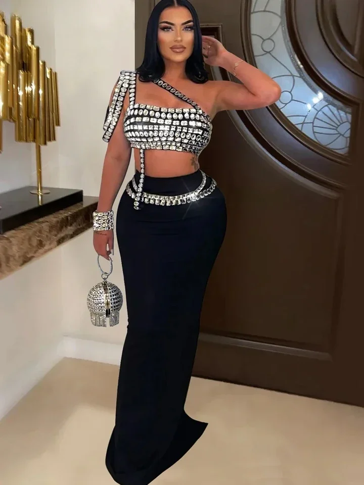 

Elegant Rhinestone Decor Long One-Piece Gown Dress Glam Womens Sleeveless Crystal Party Dress Celebrities Outfits