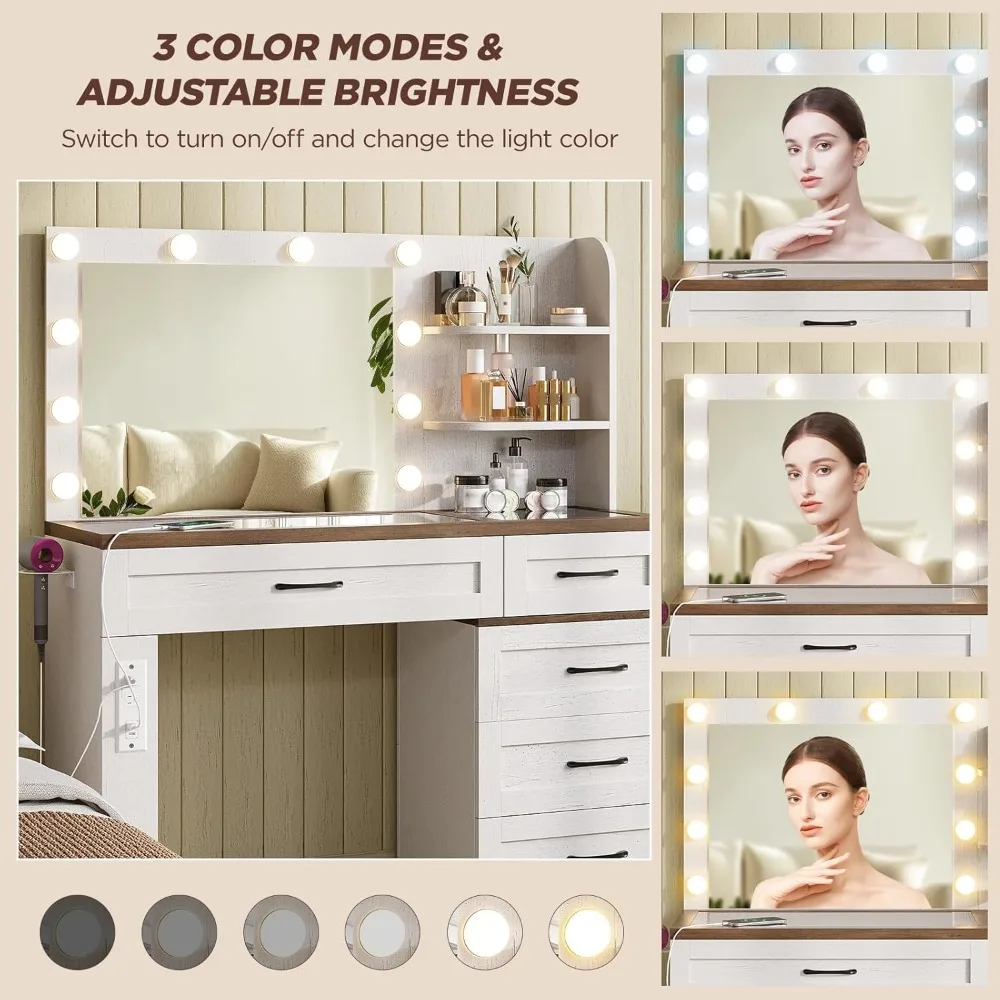 مكتب مكياج كبير للمزرعة، مجموعة خزانة زينة ذات سطح زجاجي، طاولة تزيين مكياج، مع مرآة وأضواء و8 أدراج