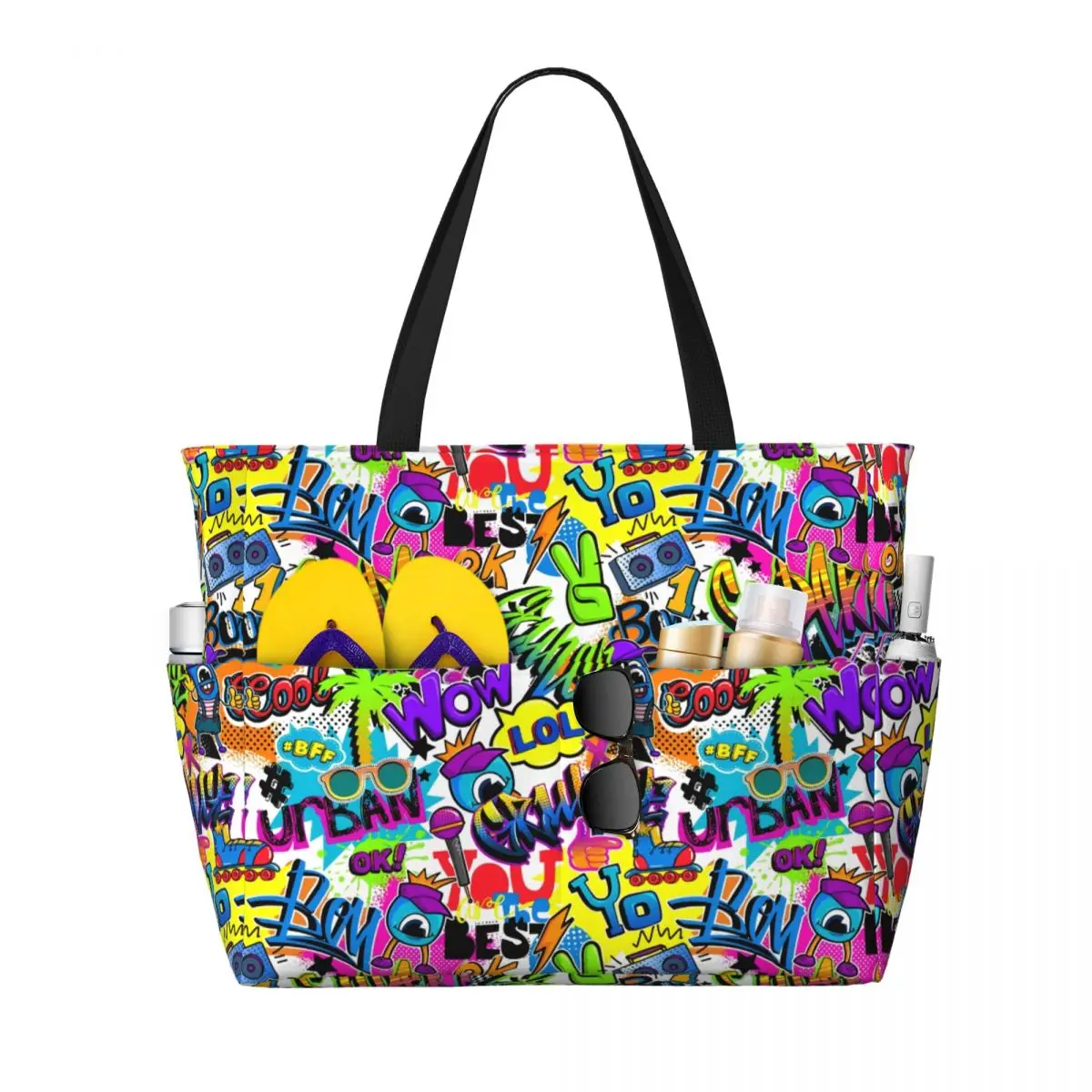 

Custom Large Retro Comics Pattern With Palm Tree Graffiti Art Tote Bag for Women Shopping Shoulder Gym Beach Travel Bag