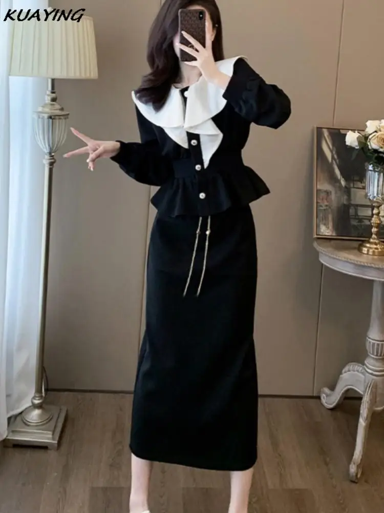 Fashion Women Elegant Skirt Suits Autumn Patchwork Long Sleeves Tops Solid Straight Skirts 2 Peice Sets Female Office Outfits