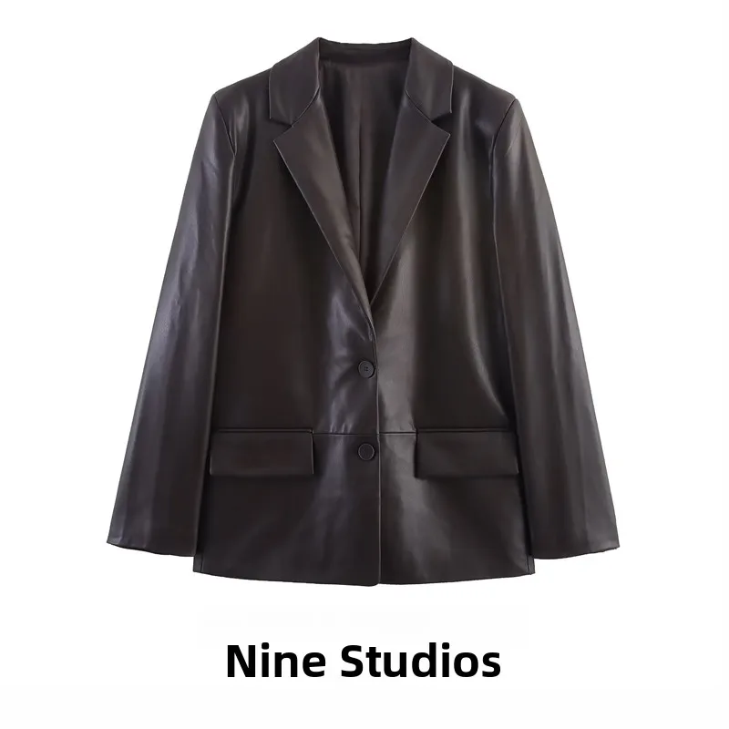 

Loose Straight Leather Effect PU Faux Leather Suit Jaet Women's Casual Faion European Sle 255760