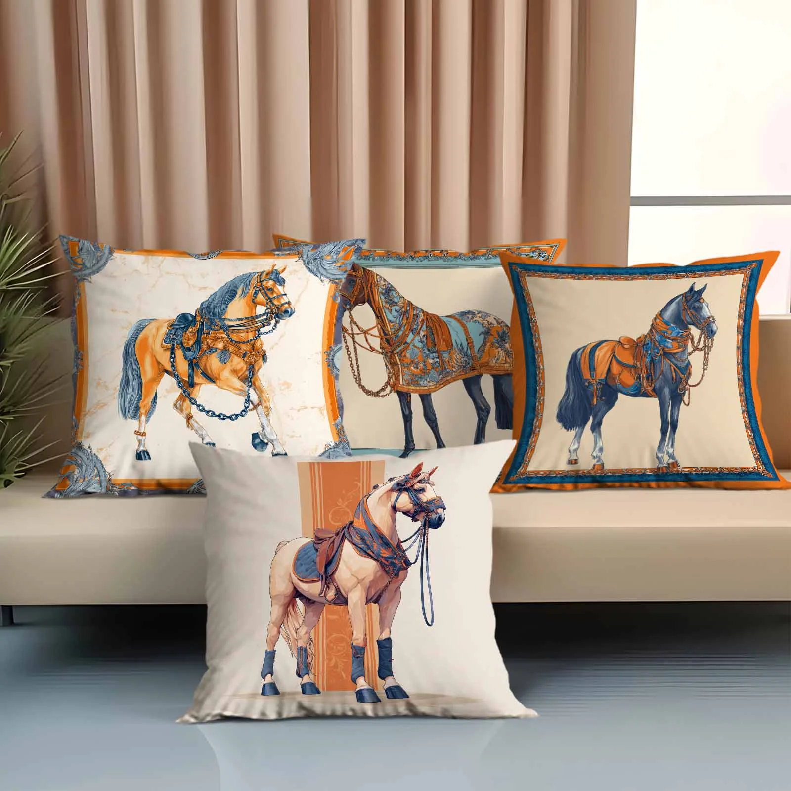 Classic Retro Horse Printed Pillow Cover, Elegant Western‑Style Polyester Cushion Case for Sofa Couch Bedroom Home Decoration