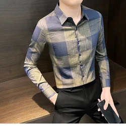 Spring Autumn Men's Clothing Plaid Long Sleeve Button Contrast Color Cardigan Shirt Casual Turn-down Collar Boyfriend Tops