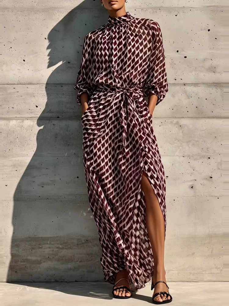 Elegant High Neck Waist Tie Split Chiffon Long Dress Women Geometric Print Maxi Dress Autumn 3/4 Sleeve Loose Casual Party Dress
