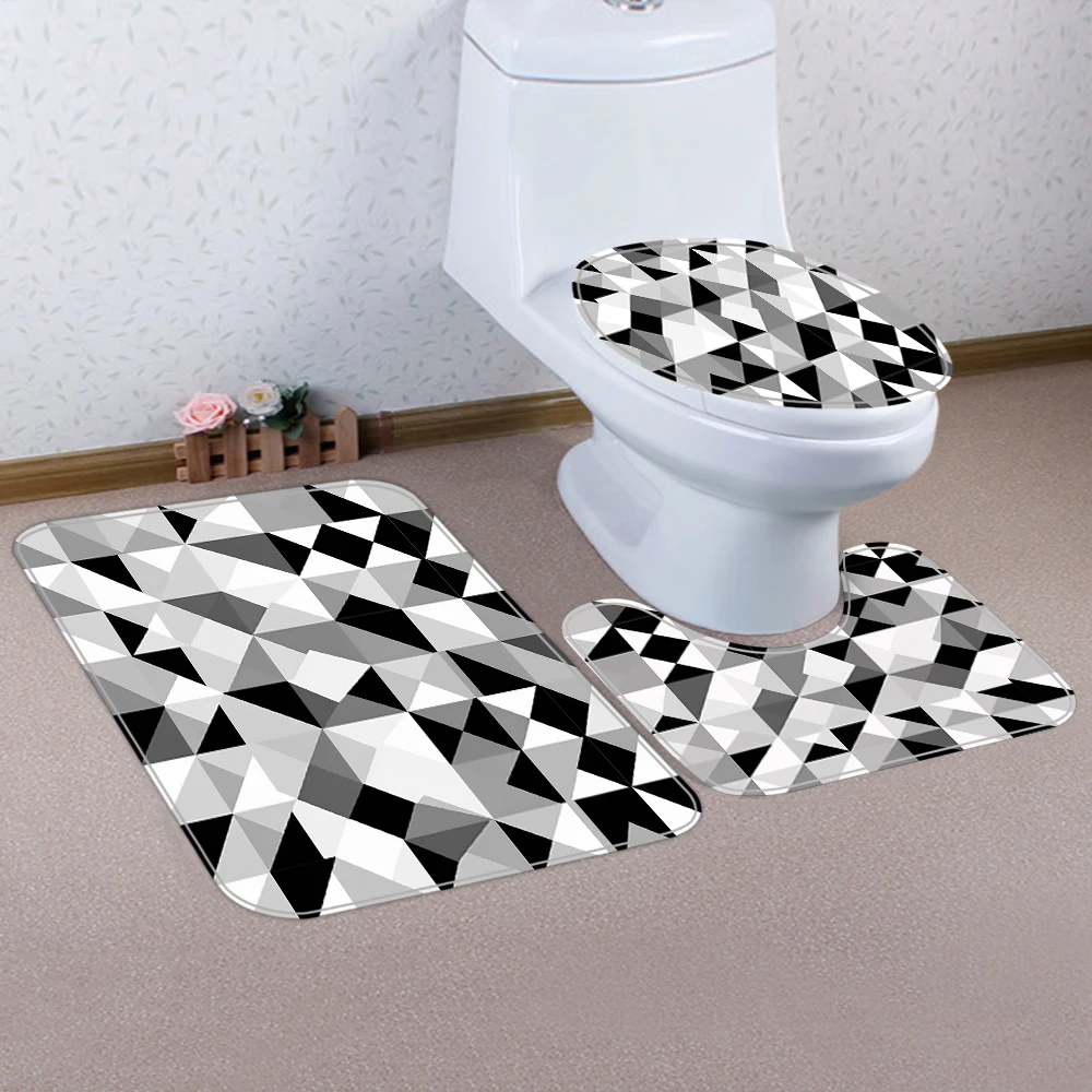 1/4 ستائر دش مطبوعة هندسية باللونين الأبيض والأسود، ديكور مقعد المرحاض، ستارة دش مع سجادة وغطاء للمرحاض، 70.8 × 70.8 #5