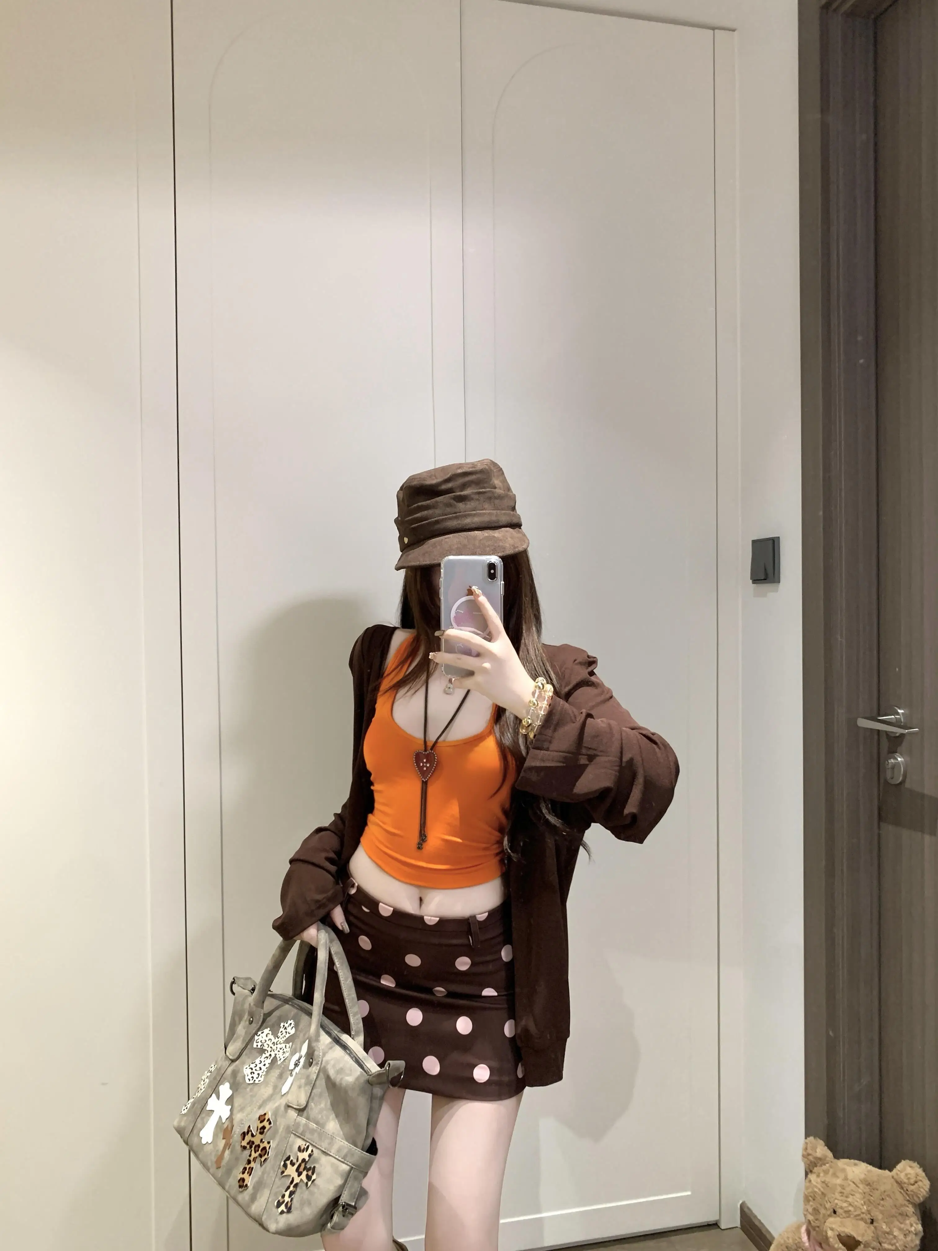 

Retro American Brown Polka Dot Low Waist Short A-Line Skirt Anti-Walk Spring Autumn Slimming Women's Skirt Half-length