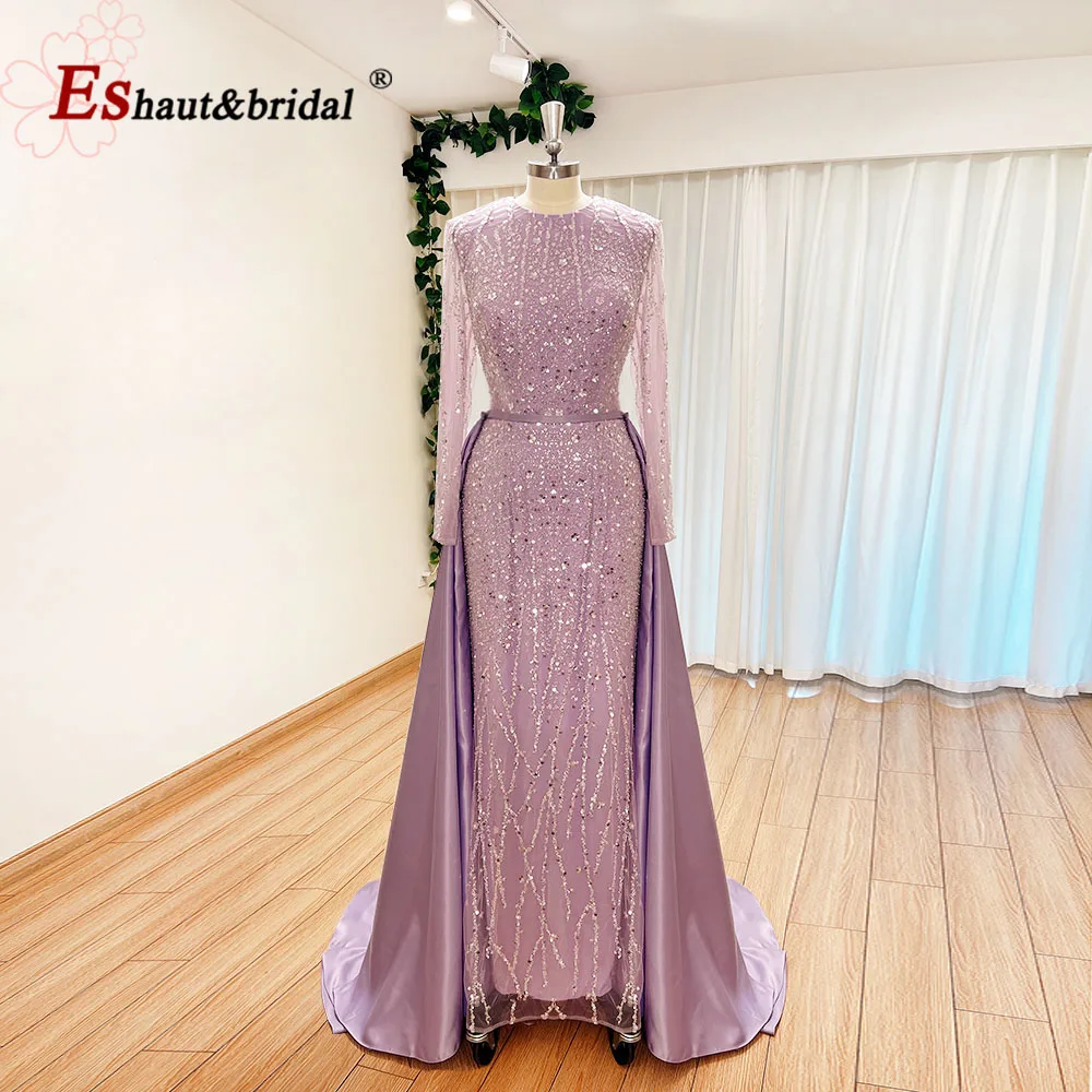 Elegant Wedding Evening Dress for Women 2024 Muslim O Neck Long Sleeves Mermaid with Detachable Train Sequined Prom Party Gowns