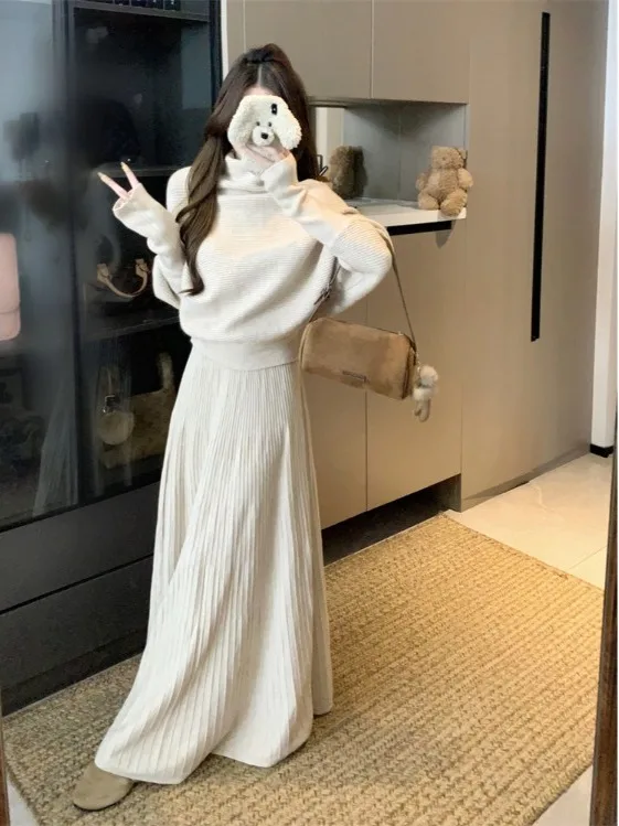 

Fashionable Knitted Set Women's Spring 2026 New Half High Collar Sweater Draped Skirt Two-Piece Suit Simple Elegance
