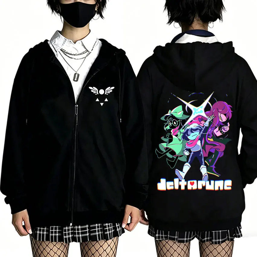 Game Deltarune Ralsei Susie Kris Merch Zipper Hoodie Men's Casual Humor Zip Up Jacket Unisex Fleece Oversized Zip Up Sweatshirt