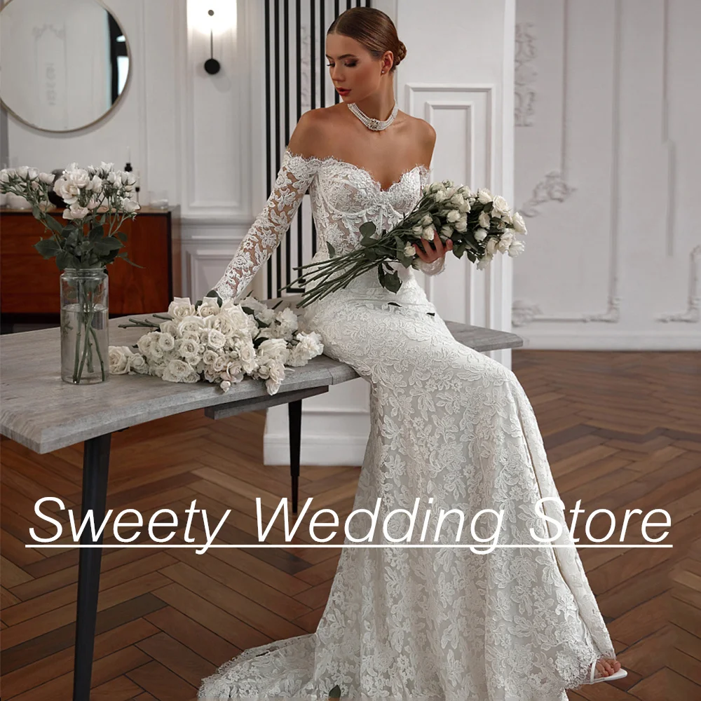 Lace Mermaid Wedding Dresses for Lady 2024 Sweetheart Full Sleeves See Through Body Sweep Train Custom Bridal Gown Robe Mariee