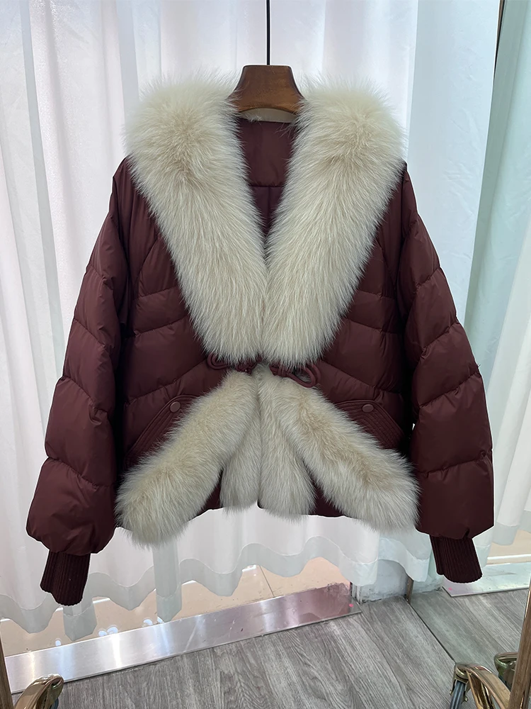 Cappotto da donna invernale alla moda Piumino spesso in piuma d'oca bianca da donna con collo in vera pelliccia di volpe femminile caldo streetwear