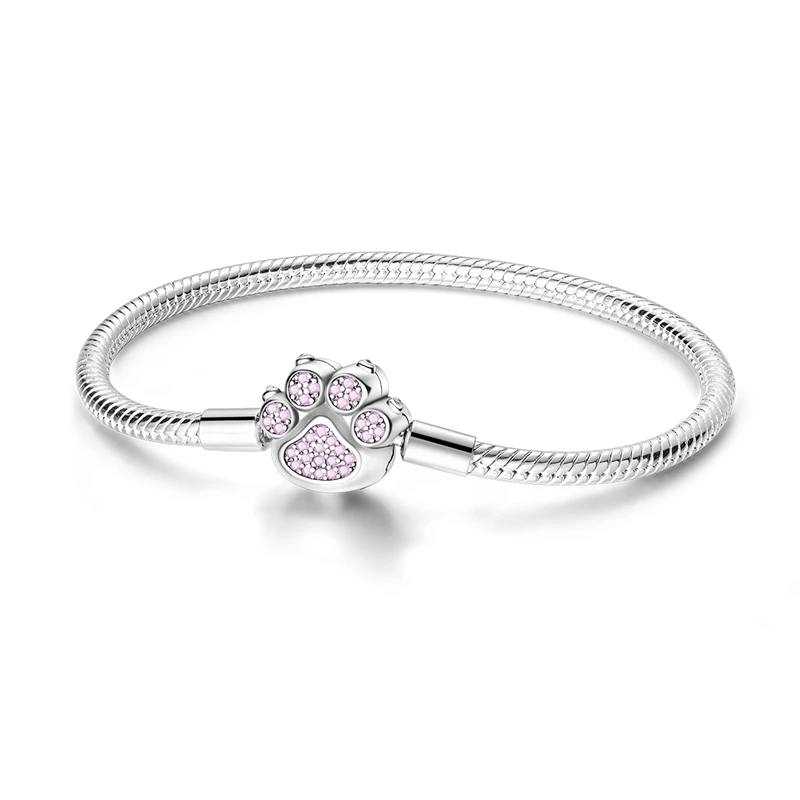 New Arrival 925 Sterling Silver Pink Paw Print Snake Bone Chain Bracelet Fit Diy Charms Bead Fine Valentine'S Day Jewelry Gift