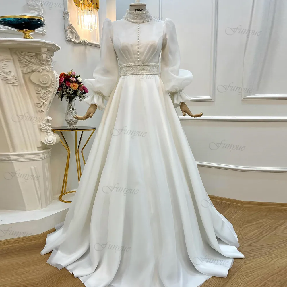 

Funyue Elegant Muslim Wedding Dresses for Bride A-Line Organza Robe De Mariée 2024 Full Sleeves Dubai Arabic Bridal Gowns