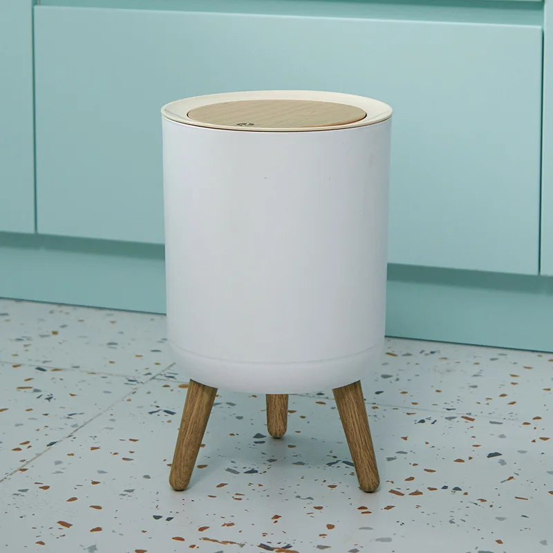 JOYLOVE Household Tall Wood Grain Trash Can, Bathroom, Bedroom, Study, Office Trash Can, Push-type Storage Bin