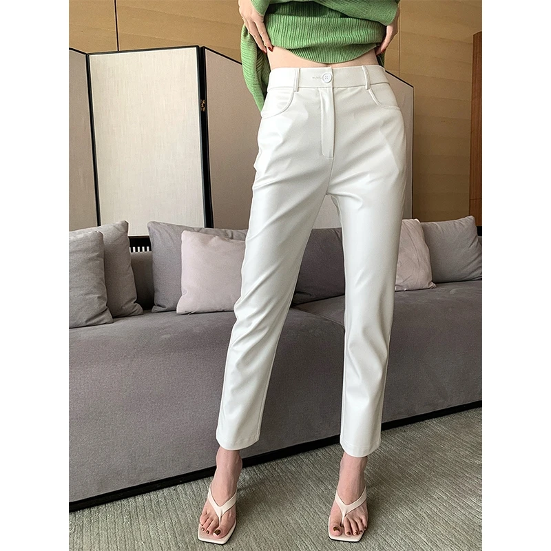 

2025 New High Waist eepskin Leather Pants Casual Nine Points Faionable Slimming Long Trousers Sli Versatile Straight ...