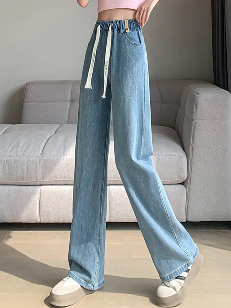 Women Casual Loose Wide Leg Jeans Korean Fashion Vintage Elastic High Waist Straight Denim Pants Streetwear Solid Baggy Vaqueros