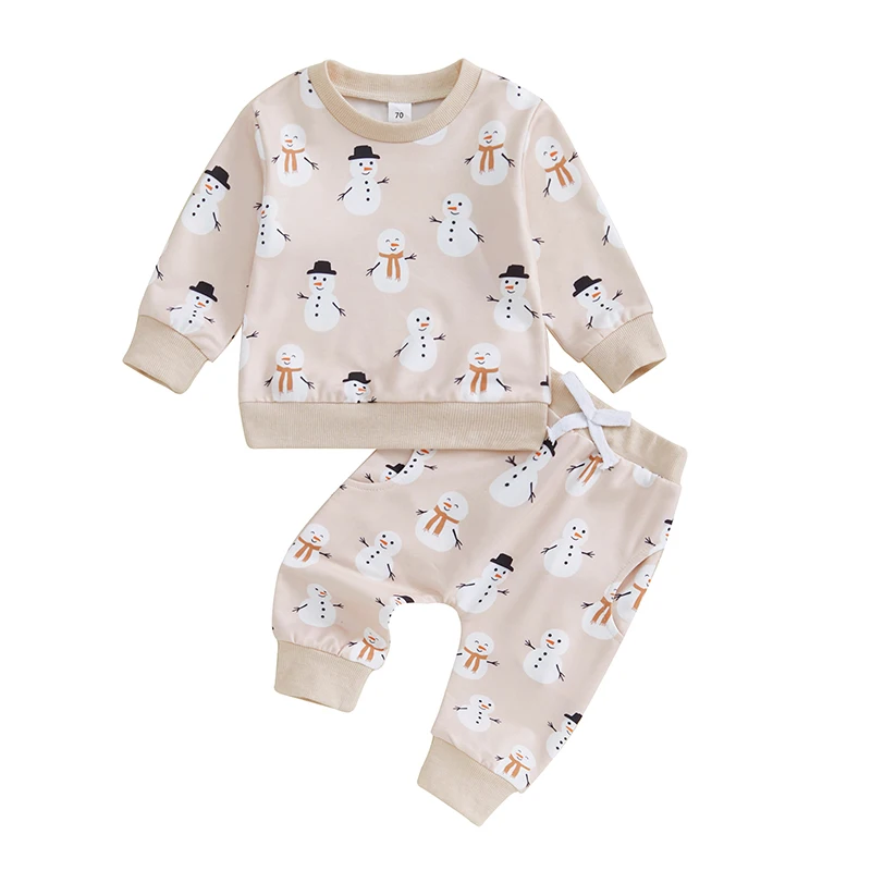 

Baby Boy Girl Christmas Outfits Snowman Print Long Sleeve Crew Neck Sweatshirt with Elastic Waist Pants 2Pcs Set