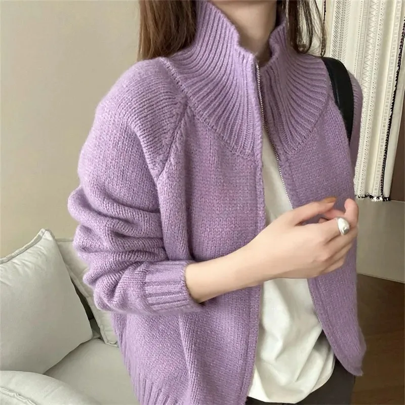 

Lazy Style Double Zipper Turtleneck Sweater Female Autumn Winter Thicken Warm Knitted Cardigan Woman Korean Cropped Knitwears