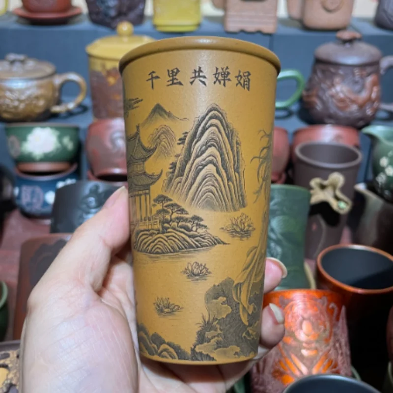 Traditional China Yixing Zisha Classical Tea Cup - Hand Carved Beauty Girl Pattern, 240CC Chinese Style Tea Set Accessory