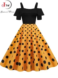 Elegant Off Shoulder Women Summer Dress Slash Neck Vintage Ladies Fit and Flare Polka Dot Evening Party Sundress