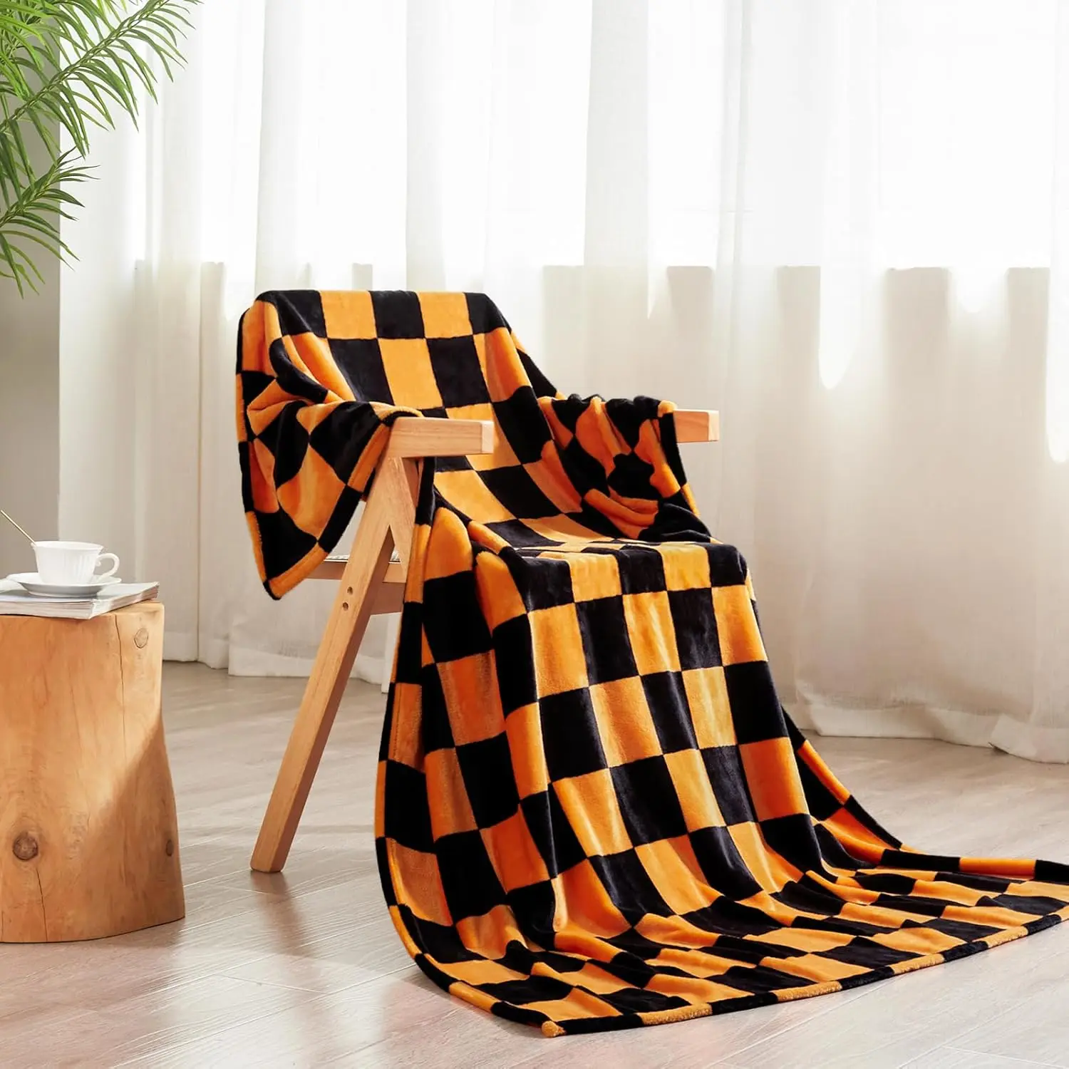 1PC Throw Checkerboard Black and Orange Flannel Blanket for Couch Bed Sofa Cozy Comfy Warm Halloween Decor for All Season