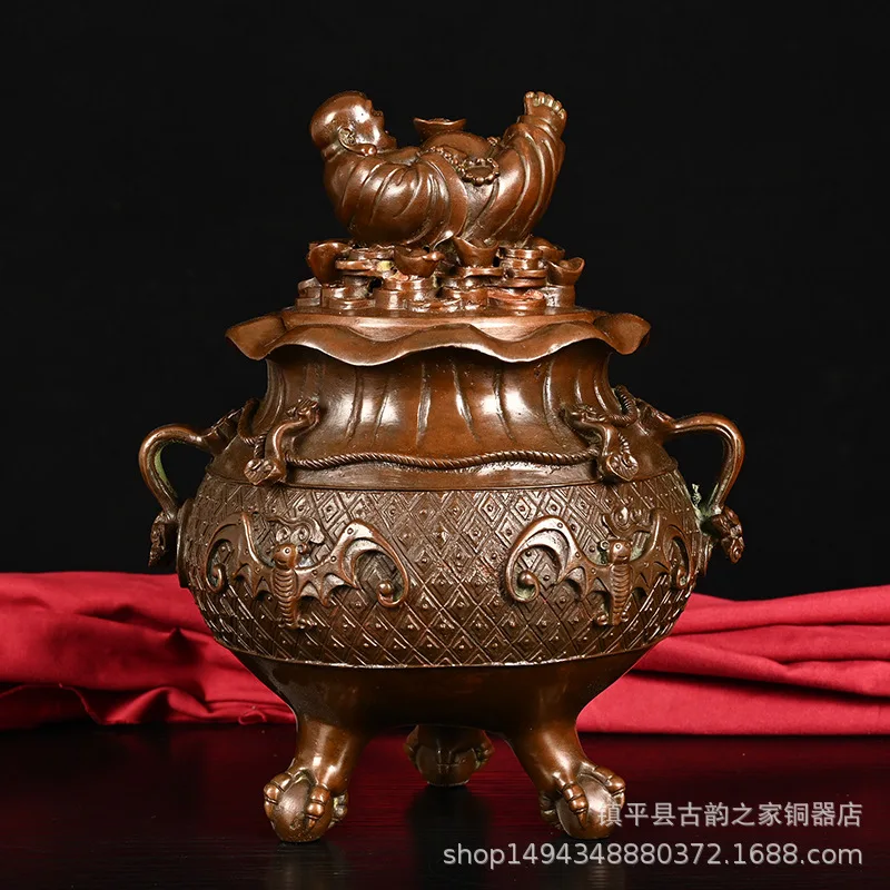 Brass Laughing Buddha Incense Aromatherapy Copper Ornament Indoor Craft Three-Legged Sandalwood Burner Home Decor