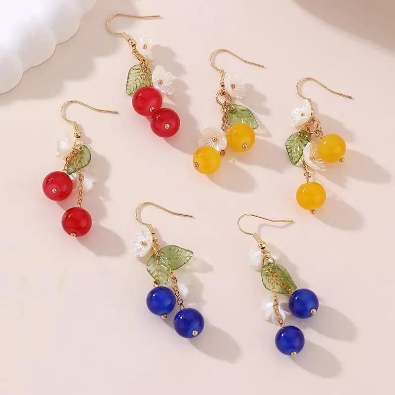 Cute Cherry Dangle Earrings with White Flower Green Leaf Design Delicate Jewelry for Women Vacation Travel Daily Wear