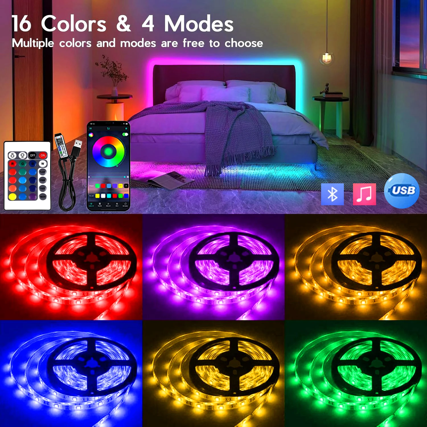 5V low-voltage LED strip, RGB color-changing LED strip remote controller Bluetooth-compatible smart LED lights,。