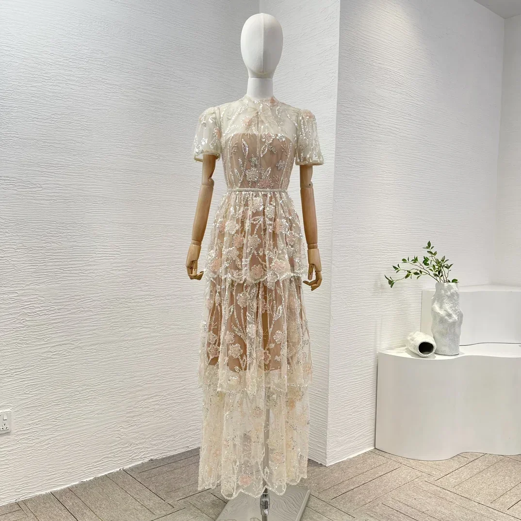 2024 New Nude Floral Embroiidery Shining Sequined Stacked Ruched Lace Patchwork Cascading Midi Dress Women Dresses