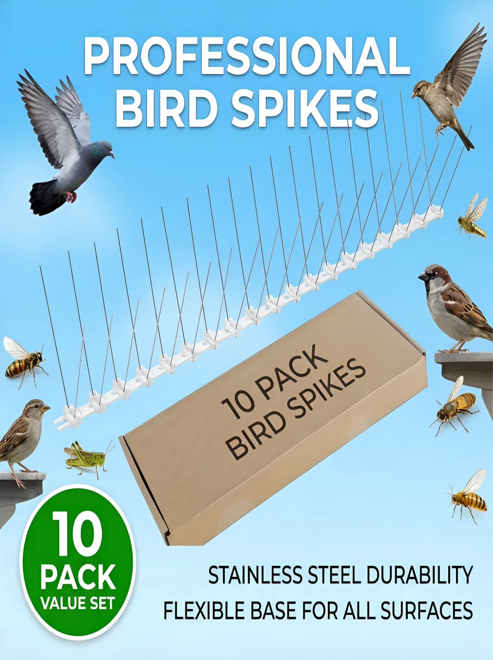 

Набор из 10 шипов для отпугивания птиц из нержавеющей стали - отпугивают голубей и птиц, гибкое основание для любых поверхностей
