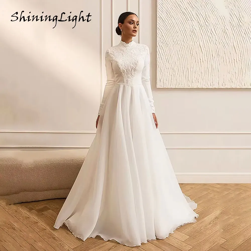 

Elegant Arabian Muslim Wedding Dresses Beaded Applique High Collar Arabic A-Line Wedding Bridal Dress vestido novia Customized