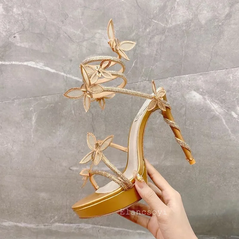 Sandals Women Shiny Crystal Bow Ankle Snake Shaped Winding Sandalias Summer Thin High Heels Gladiator Slipper Party Dress Shoes